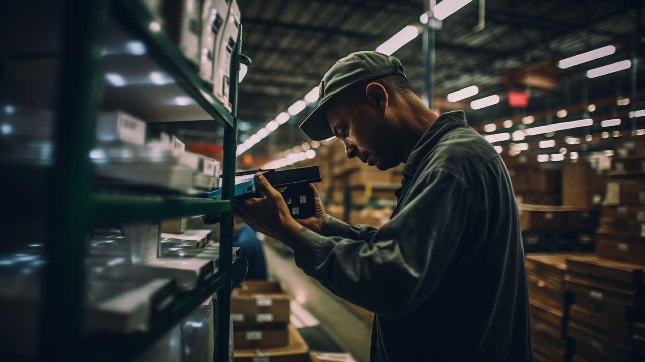 a worker closely examining inventory in a warehouse