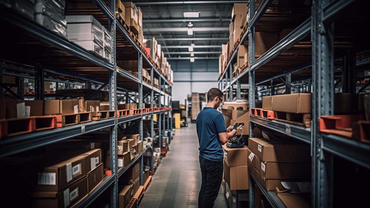 an employee placing items on rack shelves in a warehouse