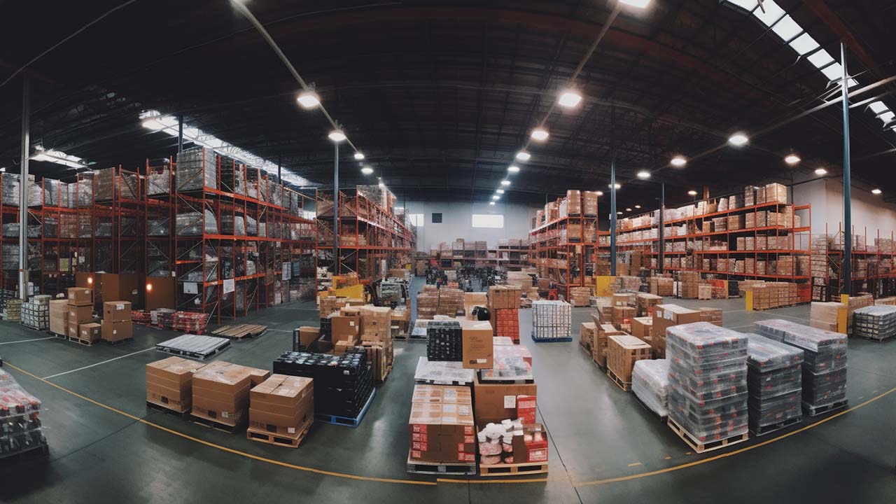 a fisheye lens of a large warehouse with stocked goods
