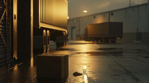 a single box sits alone on a warehouse dock