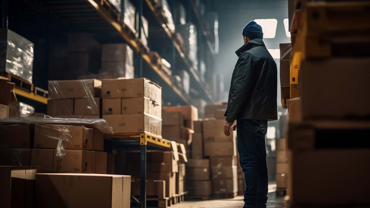 a suspect looking theif in a warehouse