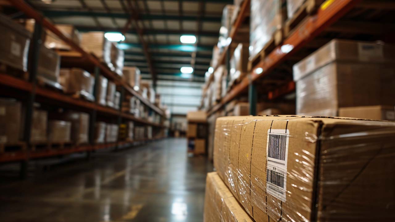 barcodes on shipping boxes in a warehouse