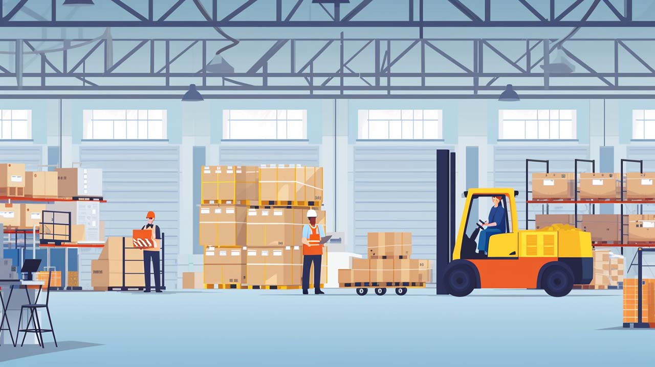 Warehouse logistics operations with workers organizing inventory