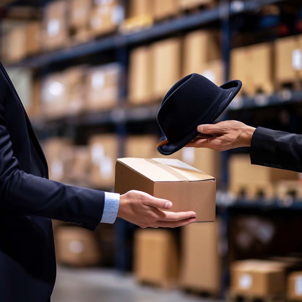 a business owner handing a hat to a fulfillment partner