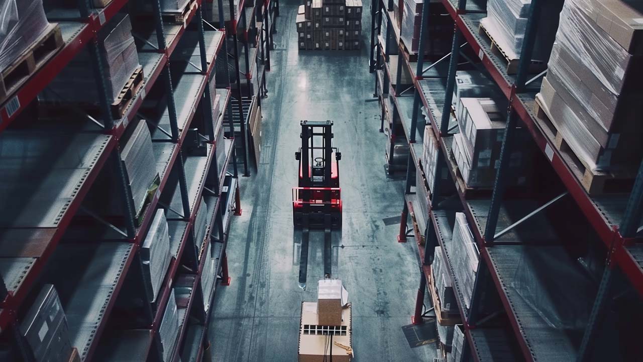 warehouse with forklifts and inventory