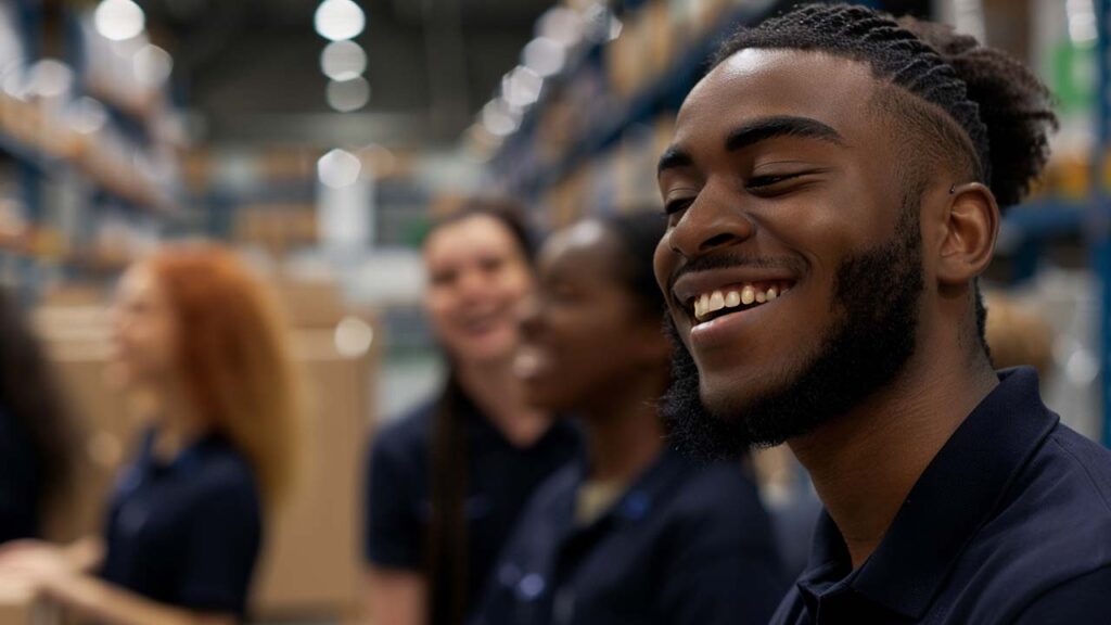 a smiling worker in a warehouse