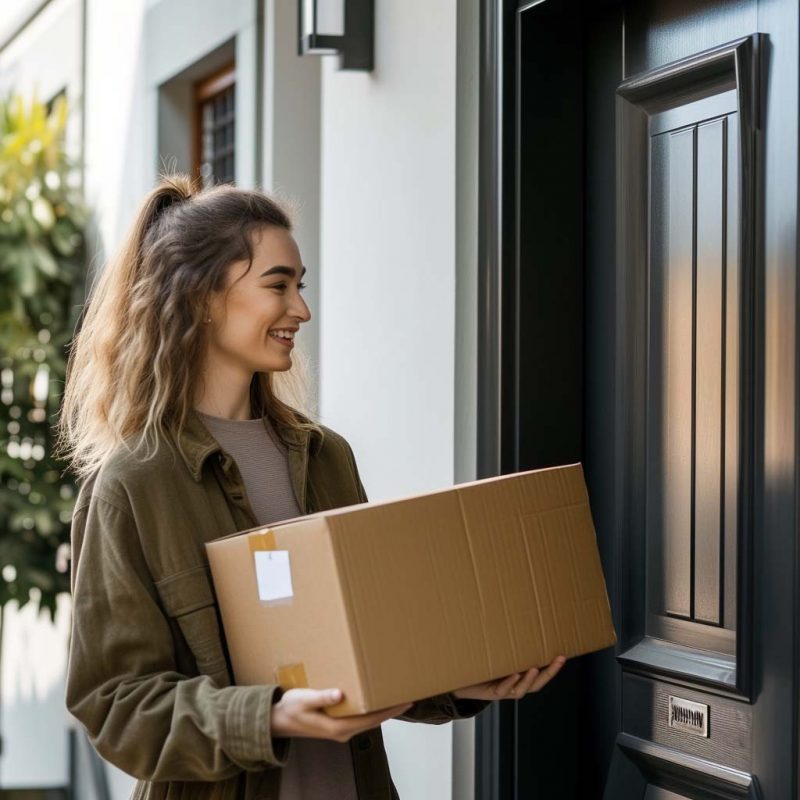 a happy customer receiving a package on their doorstep