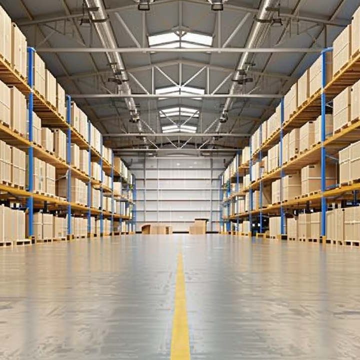 a large clean warehouse with lots of pallets